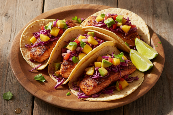Gluten-Free Blackened Salmon Tacos with Mango Avocado Salsa