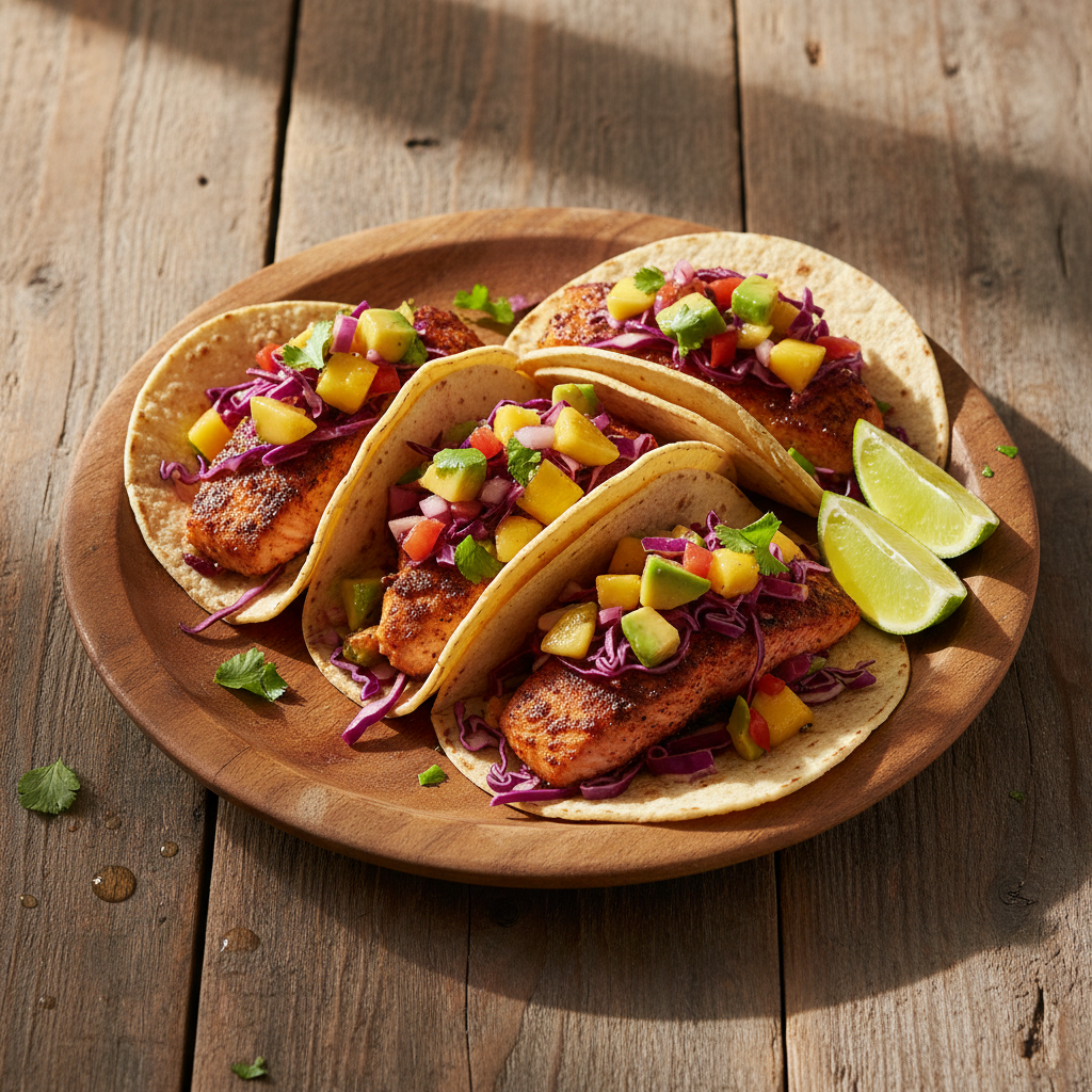 Gluten-Free Blackened Salmon Tacos with Mango Avocado Salsa