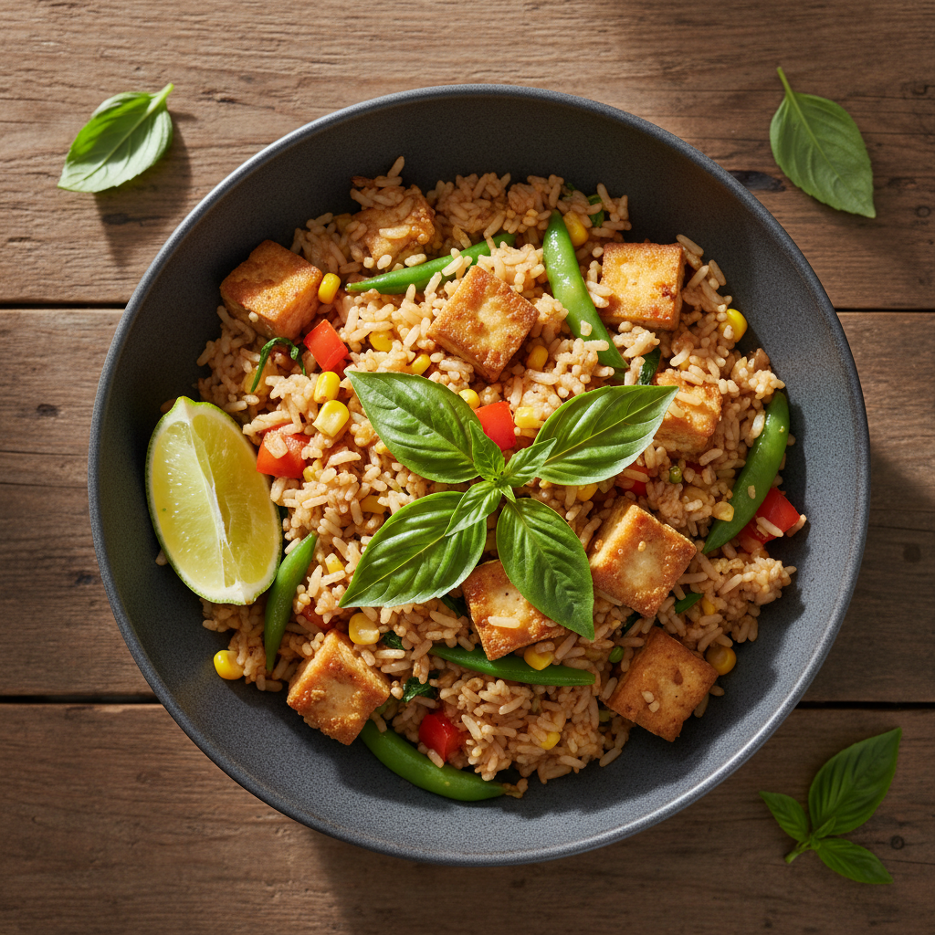 Thai Basil Fried Rice with Crispy Tofu (Vegan)