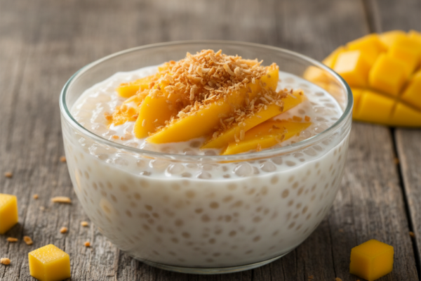 Stovetop Coconut Tapioca Pudding with Fresh Mango