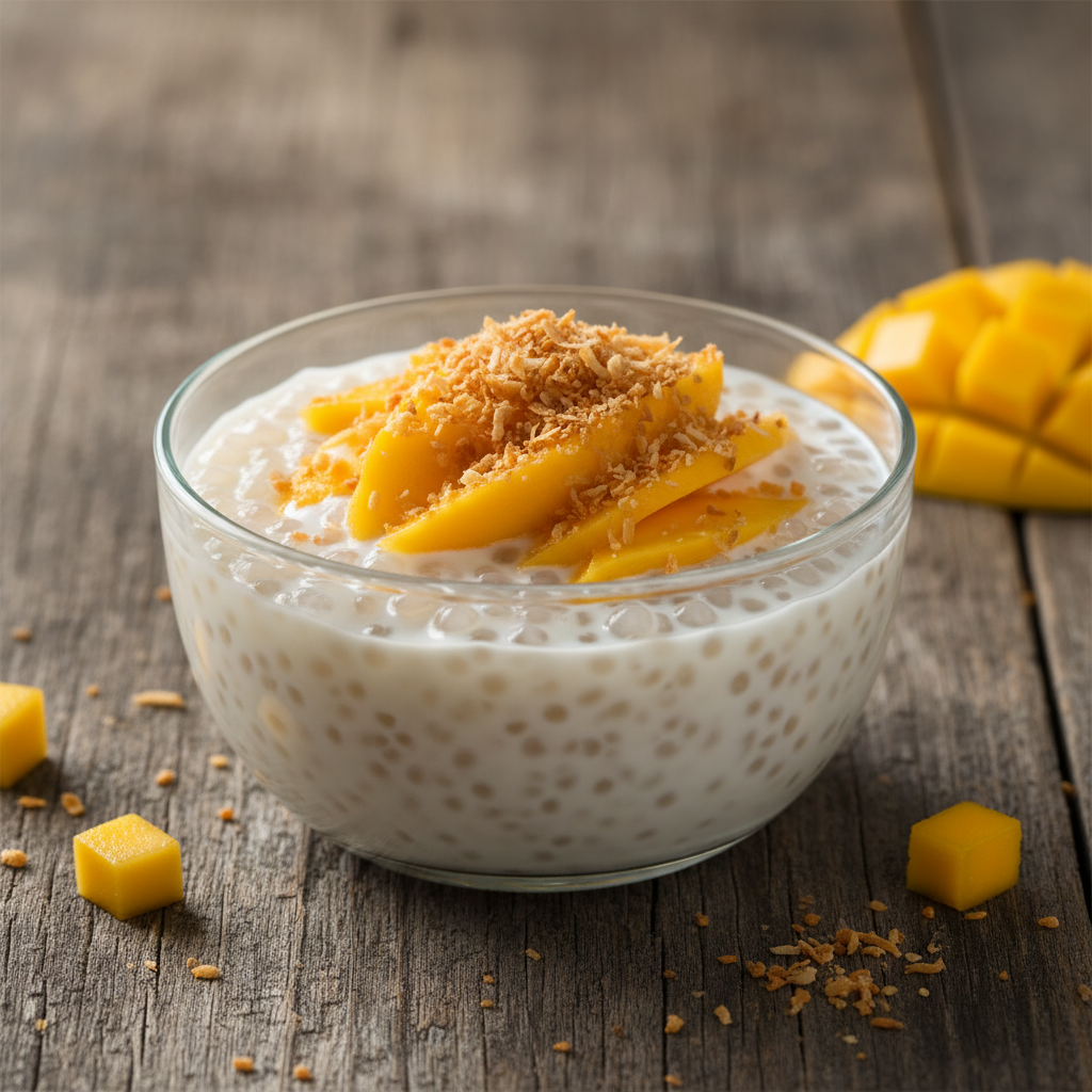 Stovetop Coconut Tapioca Pudding with Fresh Mango